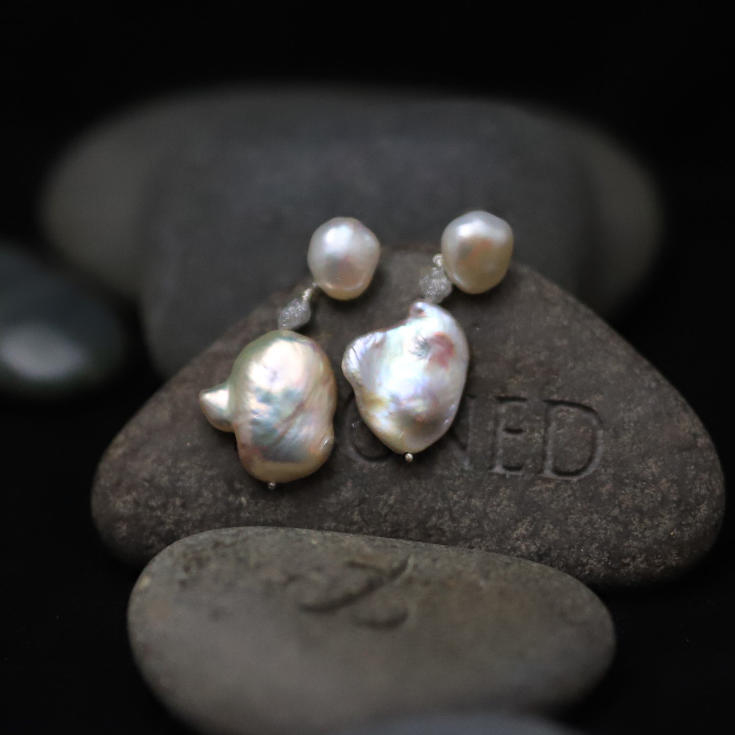 Image of Baroque pearl with organic diamond earrings
