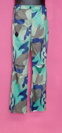 Image 1 of REGULAR AND PLUS SIZE CAMO PRINTED BROKEN HOLE GREEN  PANTS