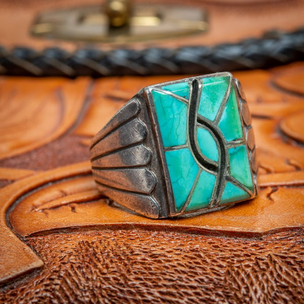 Image of Zuni Sterling Silver Ring Chanel Inlay with Turquoise Hummingbird Design Mens Size 11