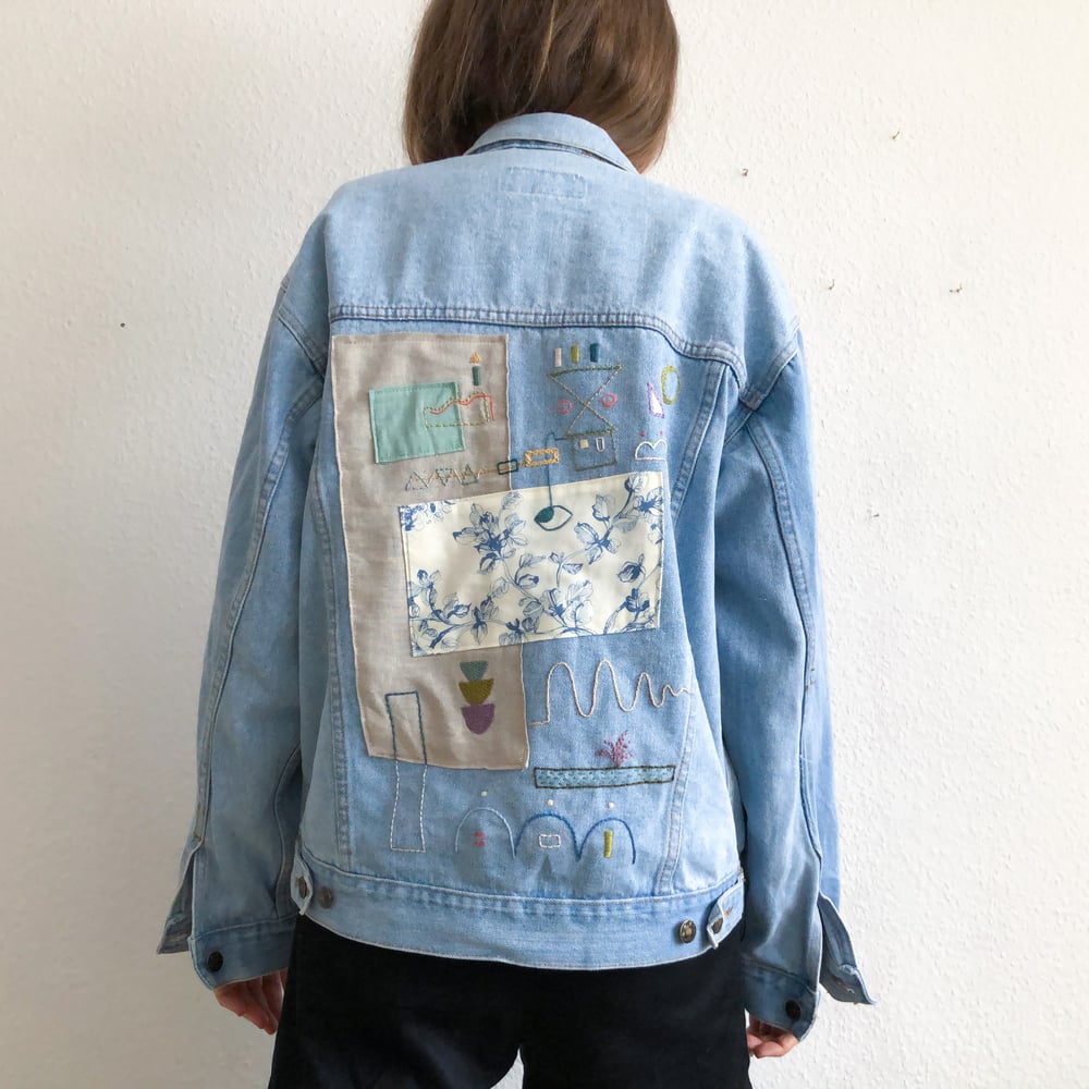 Image of Reserved for Maud: Trying to focus -original hand embroidery +textile collage on a denim jacket