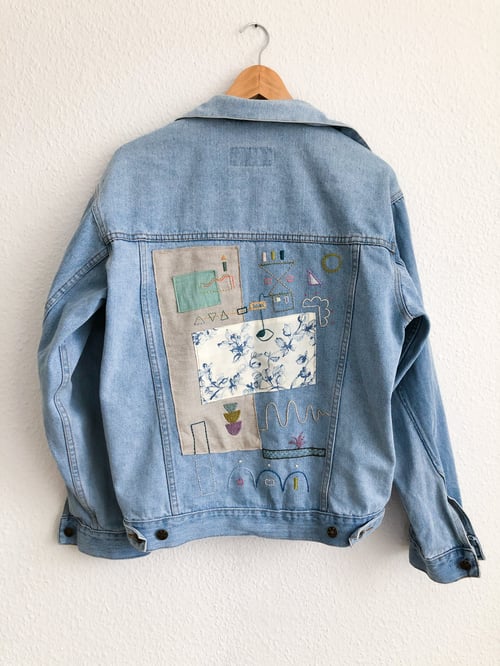 Image of Reserved for Maud: Trying to focus -original hand embroidery +textile collage on a denim jacket