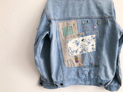 Image of Reserved for Maud: Trying to focus -original hand embroidery +textile collage on a denim jacket