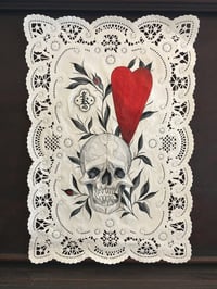 Image 1 of Skull and Heart Vintage Doily Painting