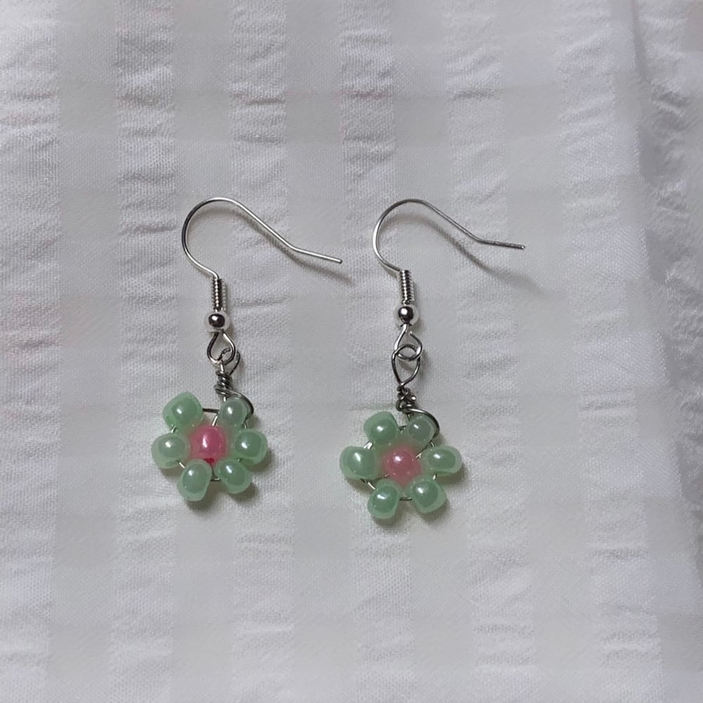 Image of green n pink bead earrings