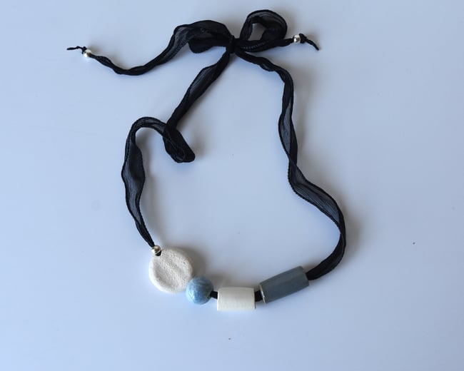 Bead Necklace  - silk ribbon