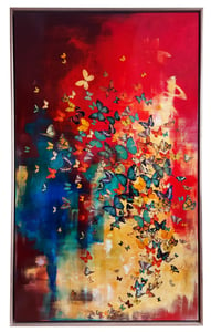 Image of Original Canvas - Butterflies on Crimson with Blues/Ochre - 36" x 60"