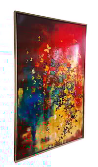 Image 2 of Original Canvas - Butterflies on Crimson with Blues/Ochre - 36" x 60"