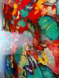 Image 3 of Original Canvas - Butterflies on Crimson with Blues/Ochre - 36" x 60"