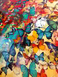 Image 4 of Original Canvas - Butterflies on Crimson with Blues/Ochre - 36" x 60"