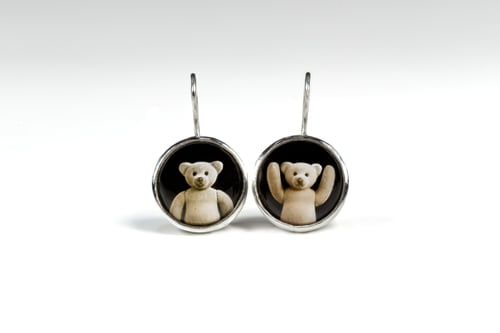Image of "Where you are, there.." teddy-bears silver earrings with photos, rock crystal · UBI TU, IBI.. ·