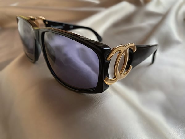 Image of Chanel Large Gold Chanel Logo Black Sunglasses 