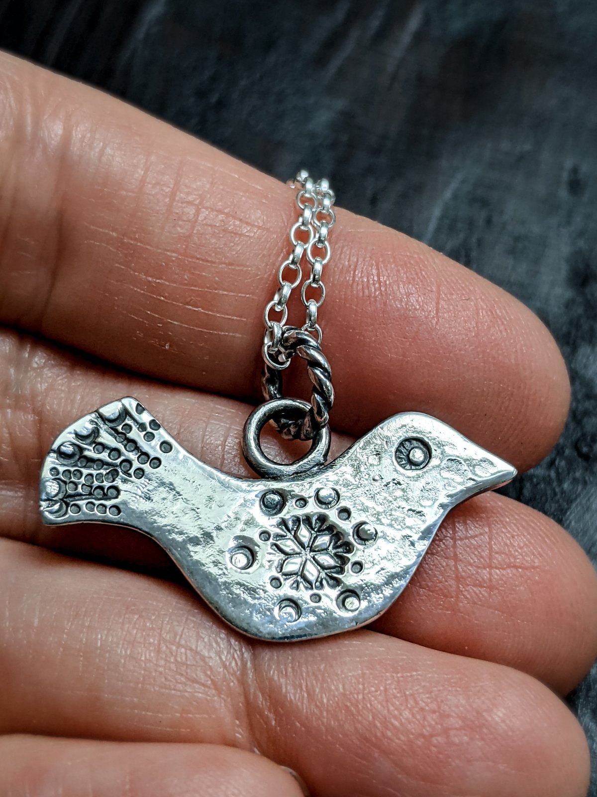 Winter Dove recycled silver bird pendant