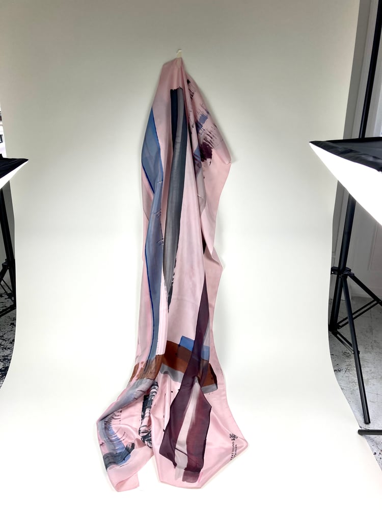 Image of Scarf silk. Brown and greyblue on powder pink