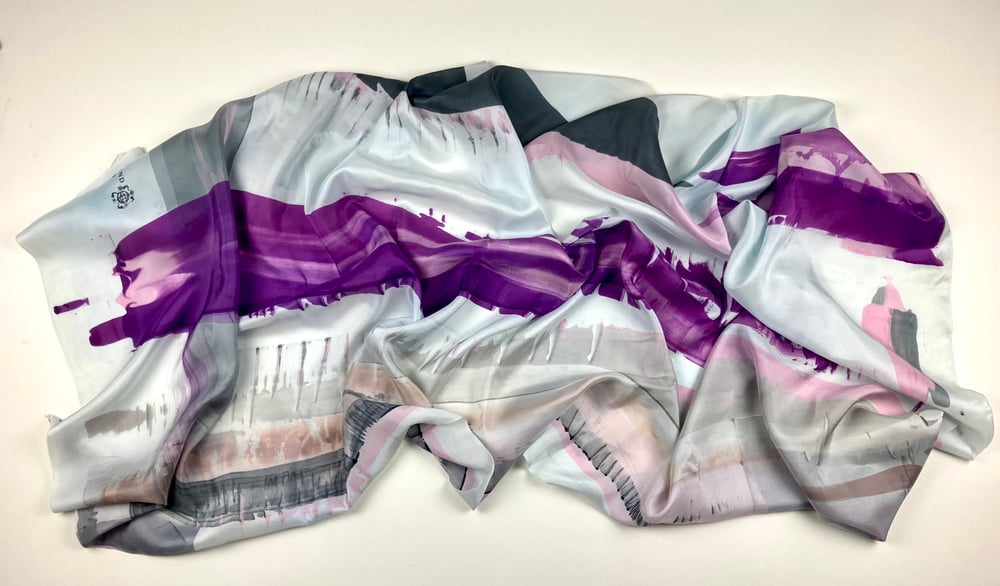 Image of Silk scarf. Soft greys, black beige and powder pink with one purple.