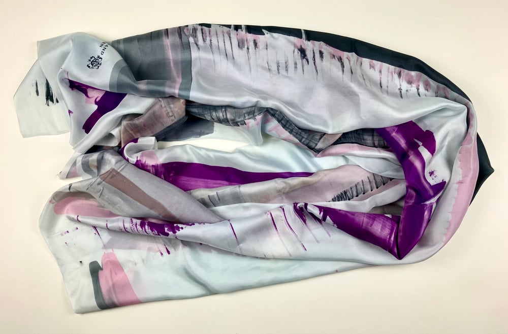 Image of Silk scarf. Soft greys, black beige and powder pink with one purple.