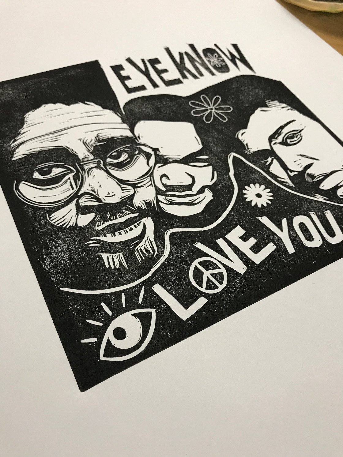 Image of De La Soul. Eye Know Eye Love You. Original A3 linocut print.