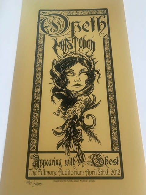 Opeth / Mastodon / Ghost Gold Silkscreen Concert Poster By Ryan Willard, Signed + Numbered