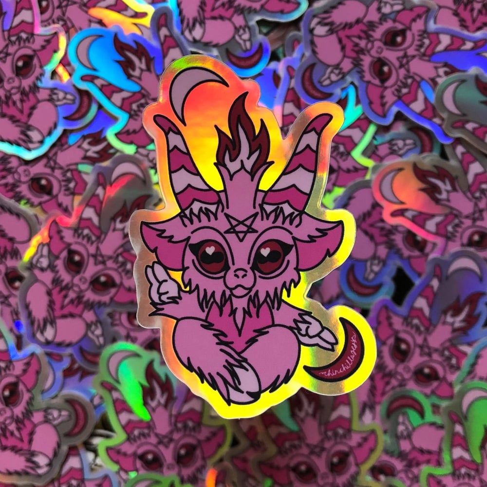 Image of 'baby baphomet' pink holographic sticker!