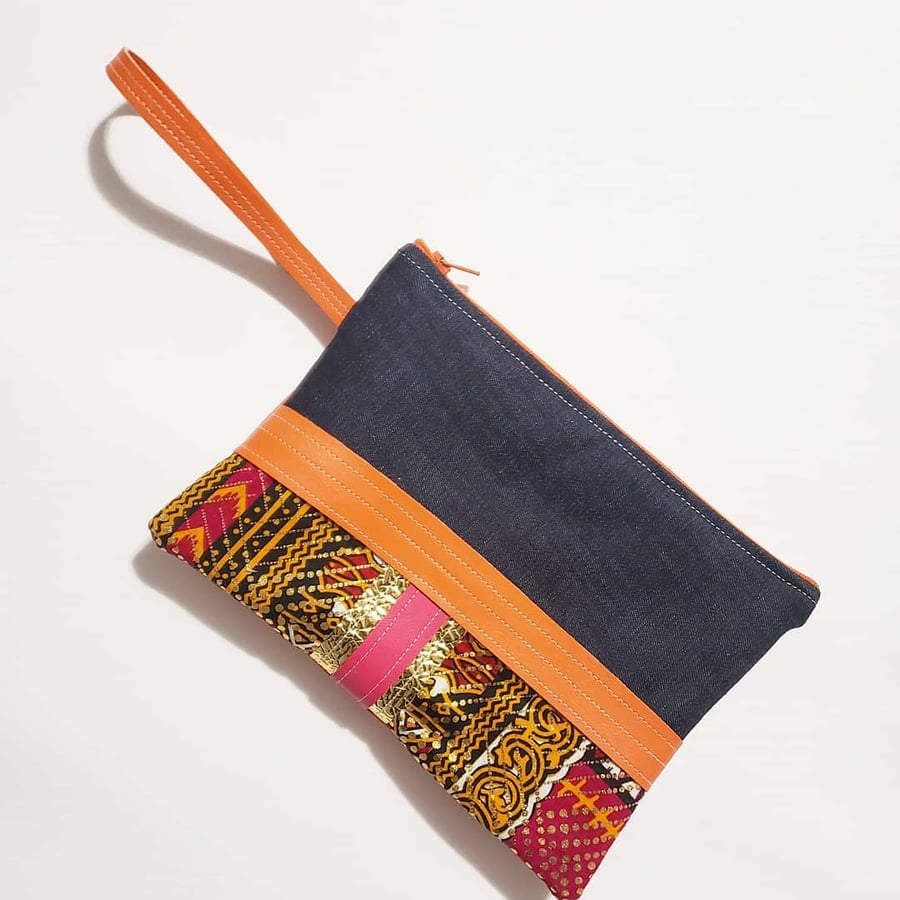 Image of Upcycled Orange and Denim Clutch
