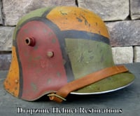 Image 3 of Replica WWI German M-1916 Helmet & Leather Liner. Camouflage Pattern. 