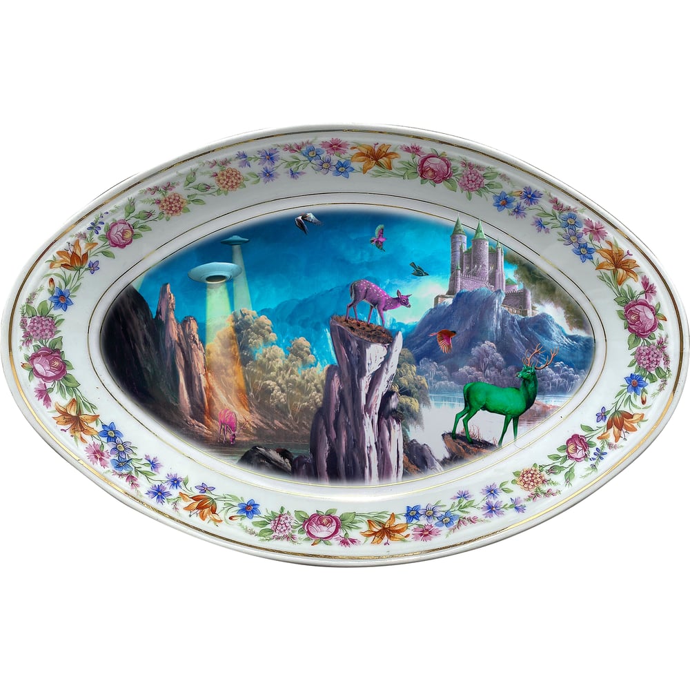 Image of Deer Landscape - Vintage French Porcelain Tray - #0751