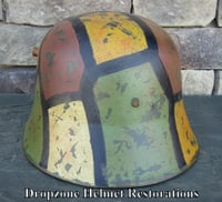 Image 2 of Replica WWI German M-1918 Helmet & Leather Liner. Camouflage Pattern. 