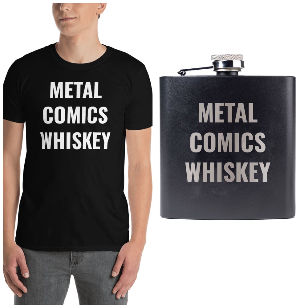 Image of Metal comics whiskey shirt and flask bundle 