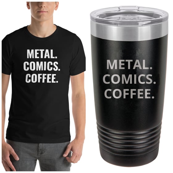 Image of Metal comics coffee shirt and tumbler bundle 