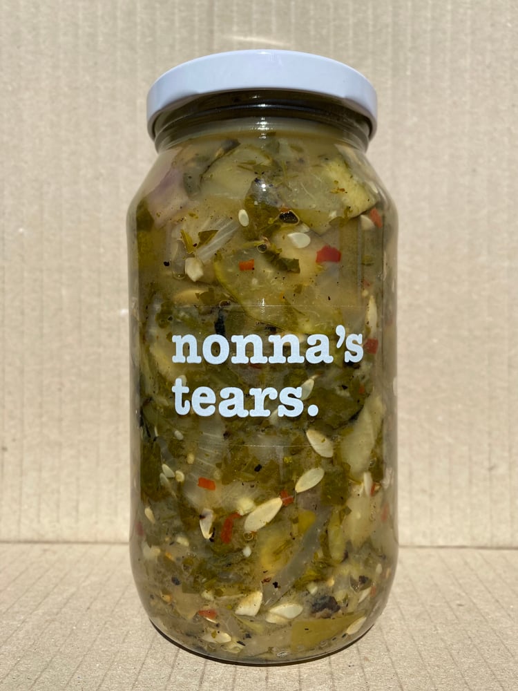 Image of chimichurri pickles with charred cucumber. 500ml