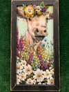 Large Cow with a Felt Flower Crown,  Black Tobacco Lathe Frame