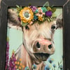 Large Cow with a Felt Flower Crown,  Black Tobacco Lathe Frame