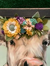 Large Cow with a Felt Flower Crown,  Black Tobacco Lathe Frame