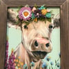 Large Cow with a Felt Flower Crown, Brown Tobacco Lathe Frame
