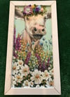 Large Cow with a Felt Flower Crown, Whitewashed Tobacco Lathe Frame