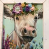 Large Cow with a Felt Flower Crown, Whitewashed Tobacco Lathe Frame