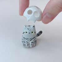 Image 2 of Gray Tabby Cat With Skull Mask Ceramic Figurine