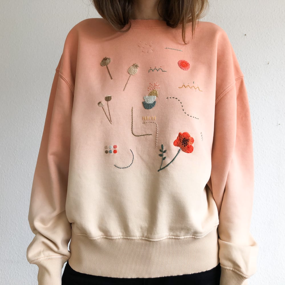 Image of Sunset over the Poppy Field - hand embroidered organic cotton hoodie, Unisex, one of a kind