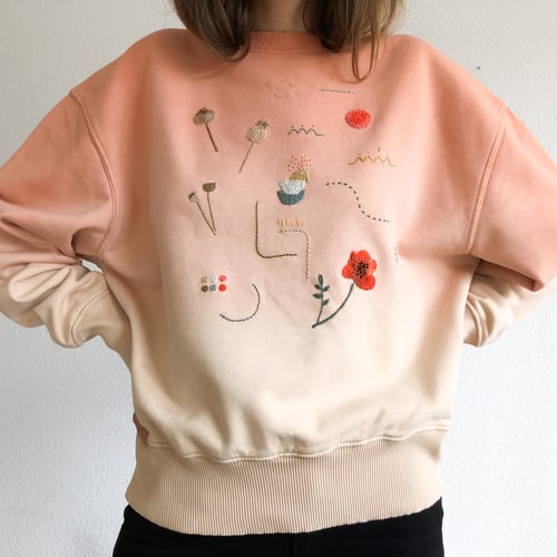 Image of Sunset over the Poppy Field - hand embroidered organic cotton hoodie, Unisex, one of a kind