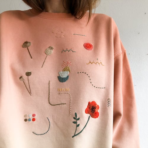 Image of Sunset over the Poppy Field - hand embroidered organic cotton hoodie, Unisex, one of a kind