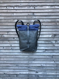 Image 1 of Leather backpack with waxed canvas roll to close top 
