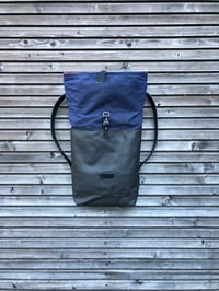 Image 3 of Leather backpack with waxed canvas roll to close top 