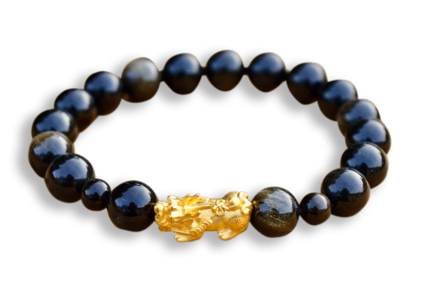 24 Karat Pure Gold Pixiu Black Obsidian Bead Bracelet