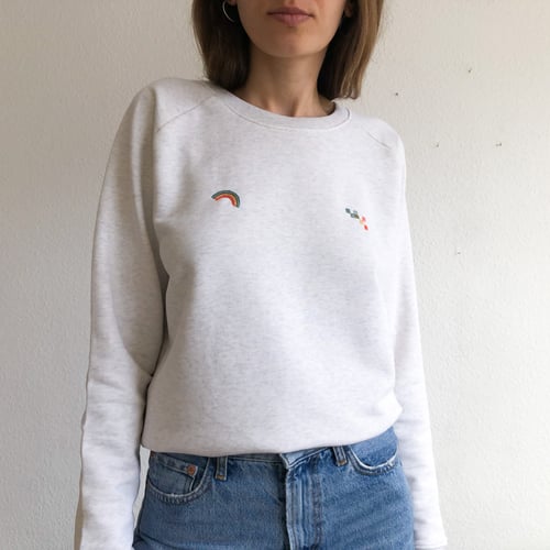 Image of Rainbow and pixels of rainbow - hand embroidered organic cotton sweatshirt, available in ALL sizes