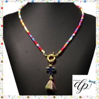 Image 1 of Blue stone cross gold with a colorful choker