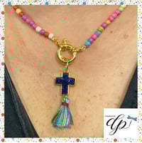 Image 4 of Blue stone cross gold with a colorful choker