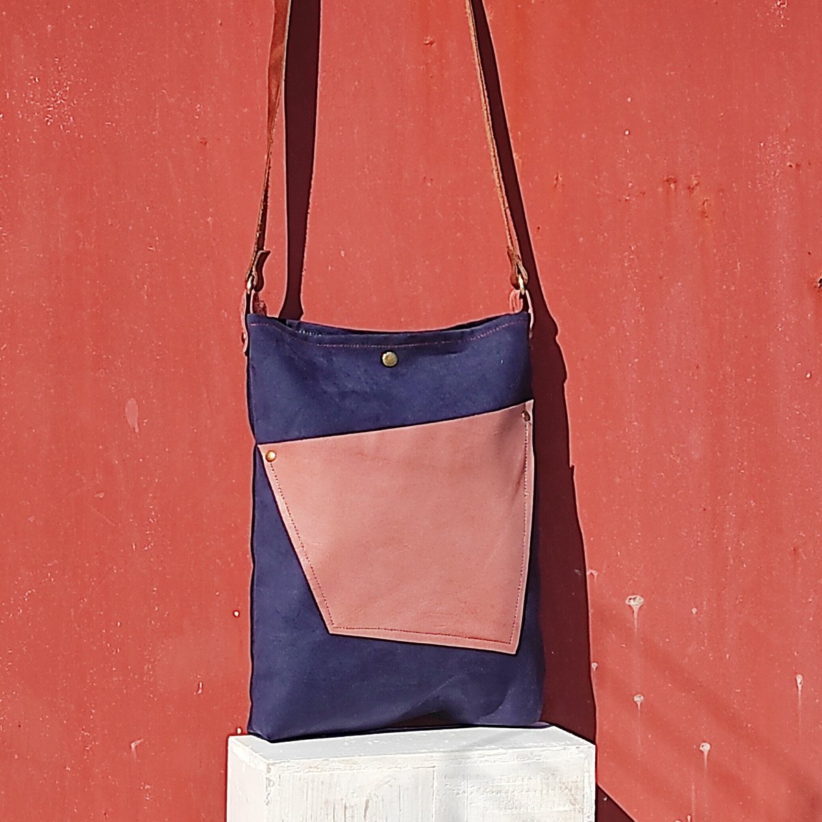 Handmade Vintage Canvas Bag With Exterior Leather Pocket