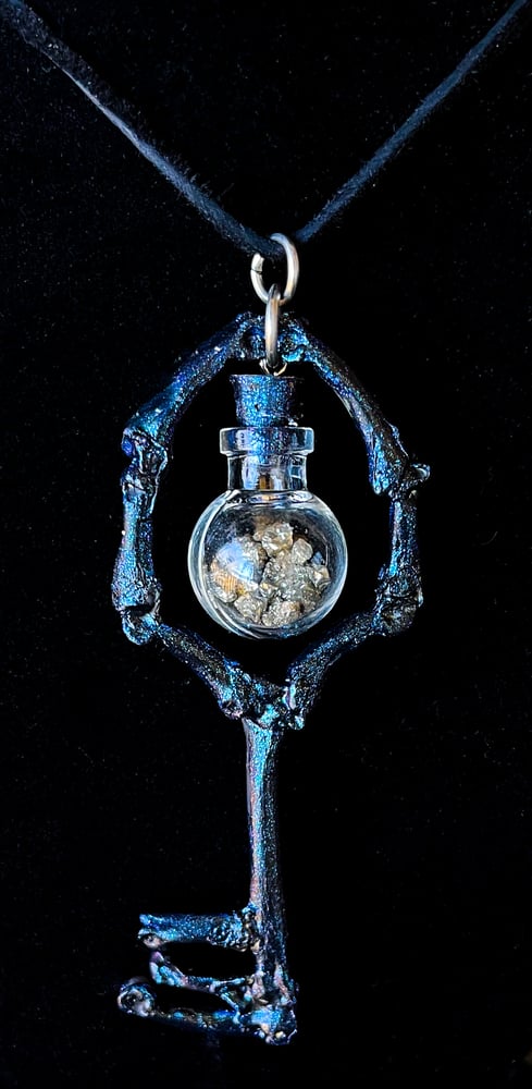 Image of Miniature Crystal Filled Glass Globe Charm - Skeleton key Pendant. 