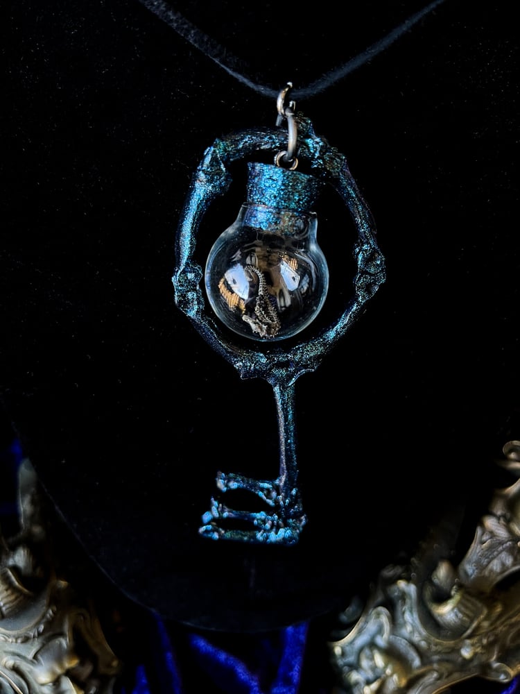 Image of Miniature Mummified Pigmy Seahorse Glass Globe Charm - Skeleton key Pendant. 
