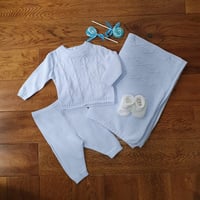 Image 1 of BABY BOYS CABLE KNITTED 3 PIECE SHAWL SET  