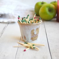 Image 2 of Match Striker Cup in Dripping White and Ocher Glaze, Pottery Shot Glass, Made in USA